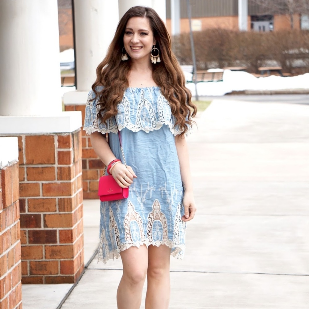 Chambray Off the Shoulder with Lace Women's Dress